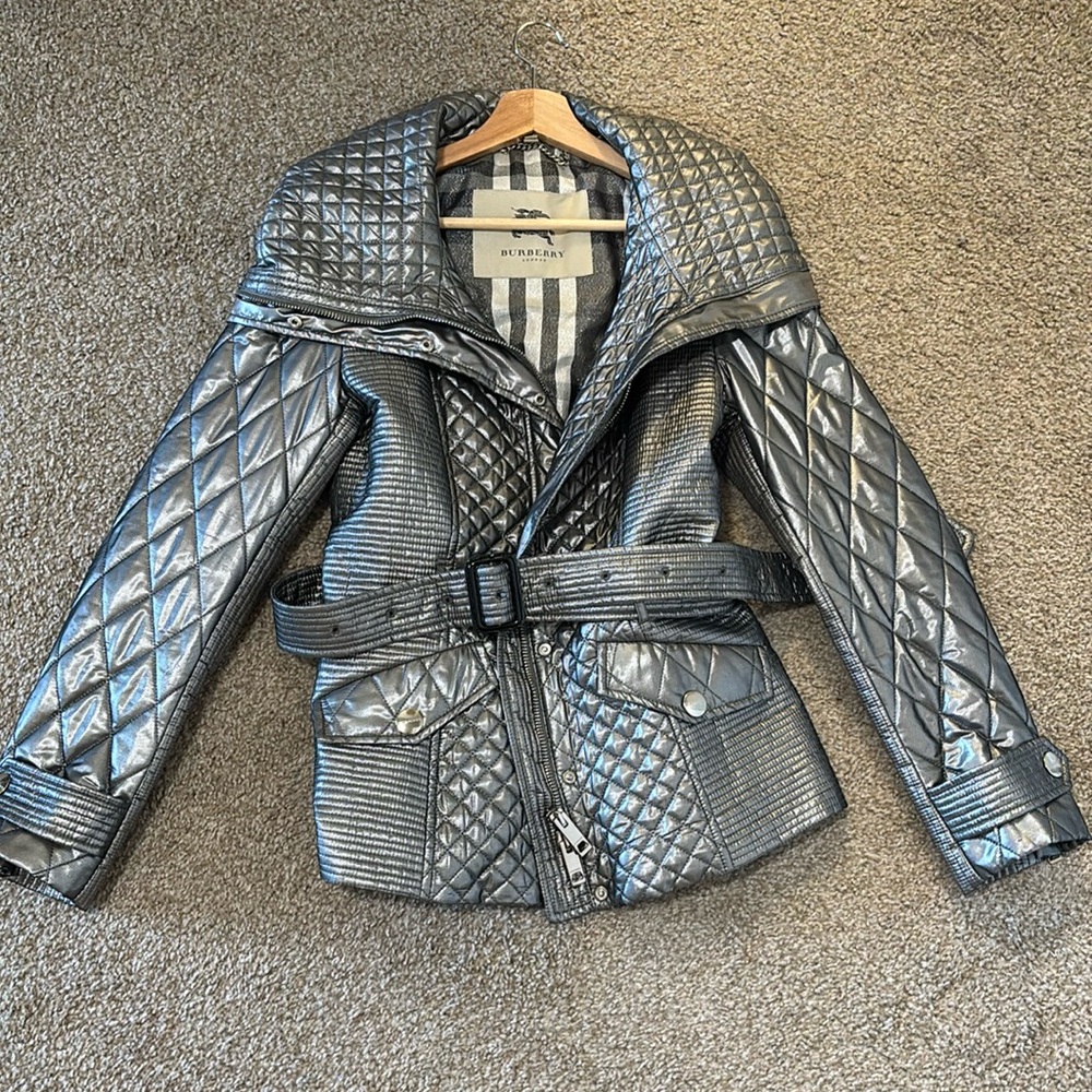 Burberry Silver Metal Gray Quilted Belted Coat Jacket | US Size 12